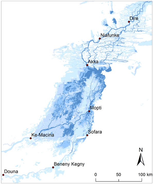 8 hydrometric stations in the Lower Bani and Inner Niger Delta